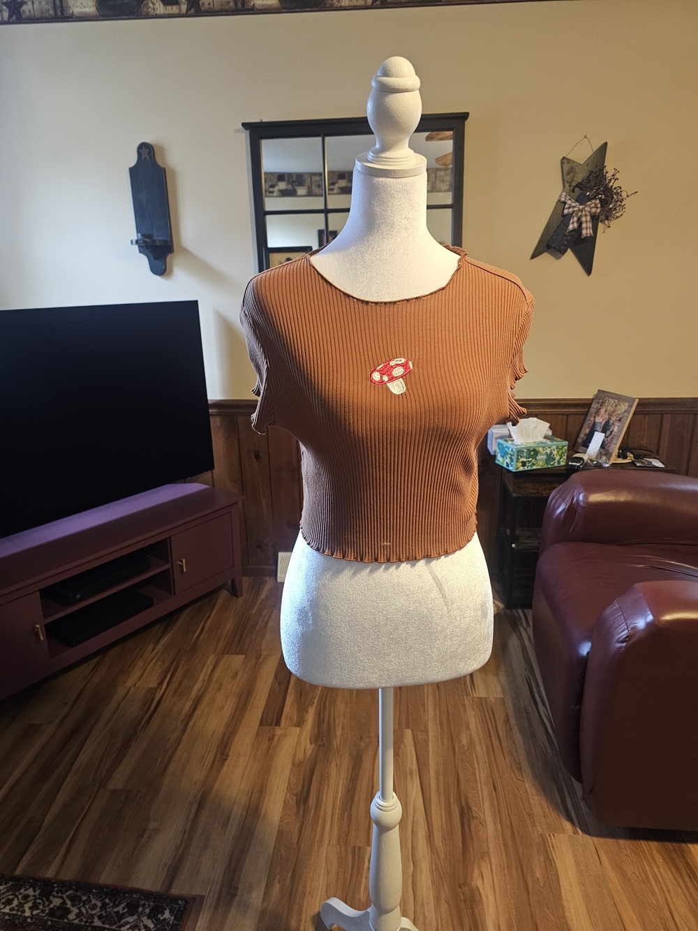SHEIN Rust Ribbed Crop Top with Red Mushroom Patch